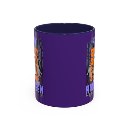 Spooky Happy Halloween Ghost Purple font Purple Accent Mug by CreepyCrafts.boo