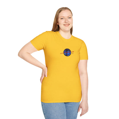 2-sided, cypherpunkgear.com Logo & Cityscape Light colors Unisex T-Shirt by cypherpunkgear.com