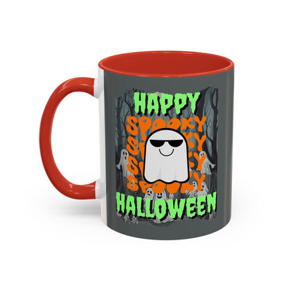 Spooky Happy Halloween Ghost Green font Grey Accent Mug by CreepyCrafts.boo