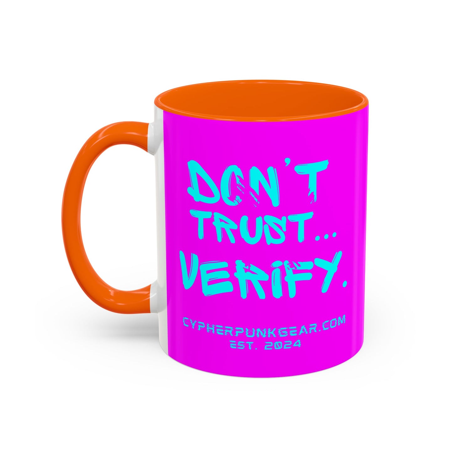 Don't Trust...Verify. Electric Magenta Accent Mug by cypherpunkgear.com