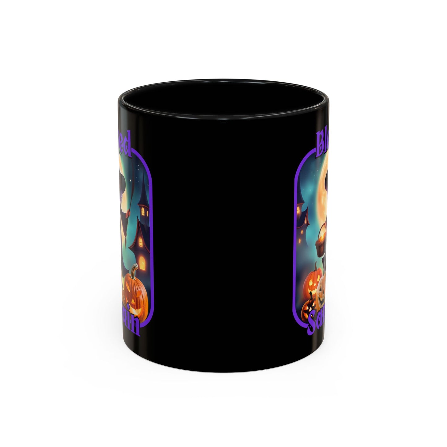 Blessed Samhain Little Witch Purple font Black Accent Mug by CreepyCrafts.boo