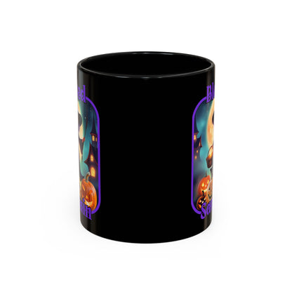 Blessed Samhain Little Witch Purple font Black Accent Mug by CreepyCrafts.boo