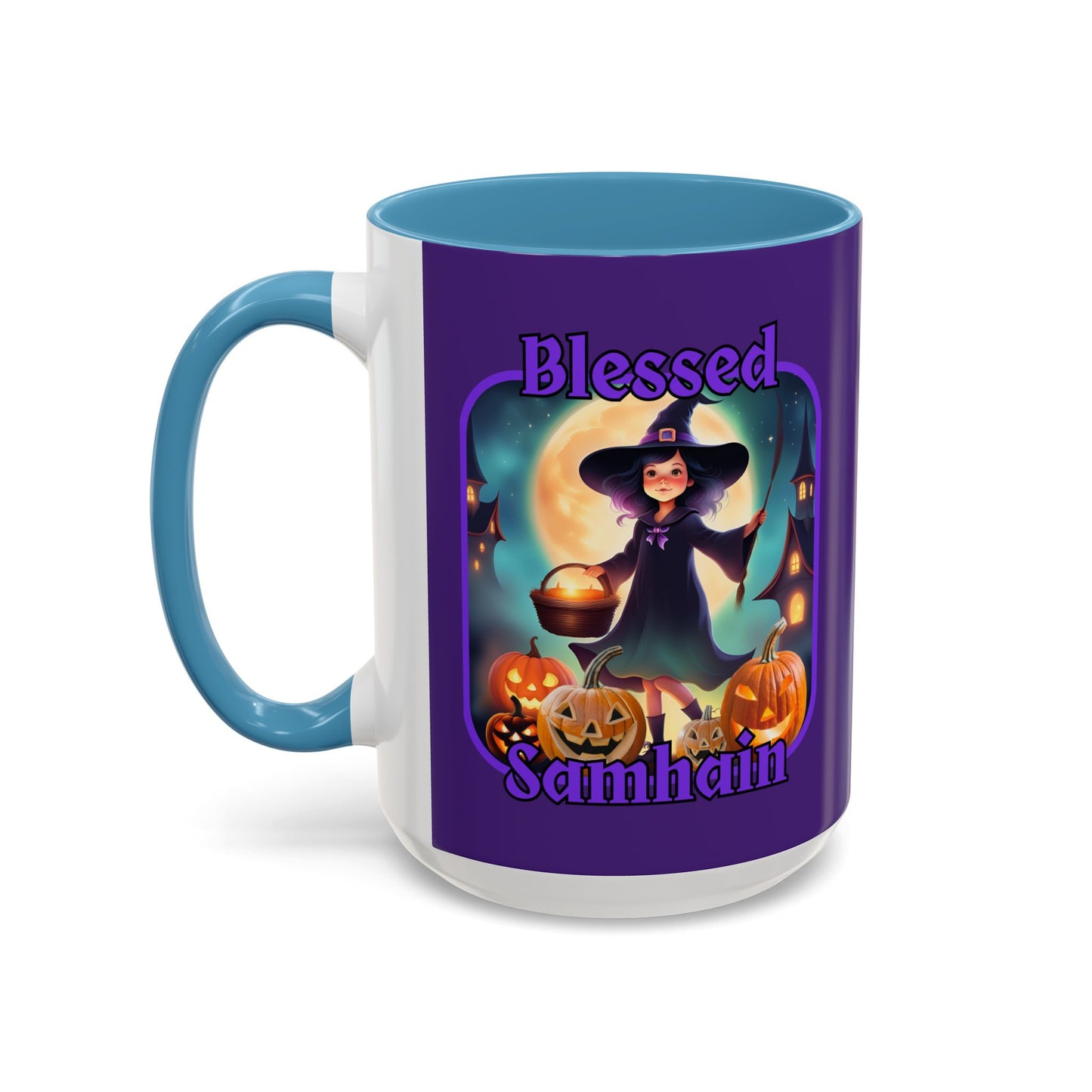 Blessed Samhain Little Witch Purple font Purple Accent Mug by CreepyCrafts.boo