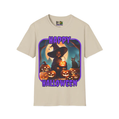 Happy Halloween Cute Witch Purple font Light colors Unisex T-Shirt by CreepyCrafts.boo