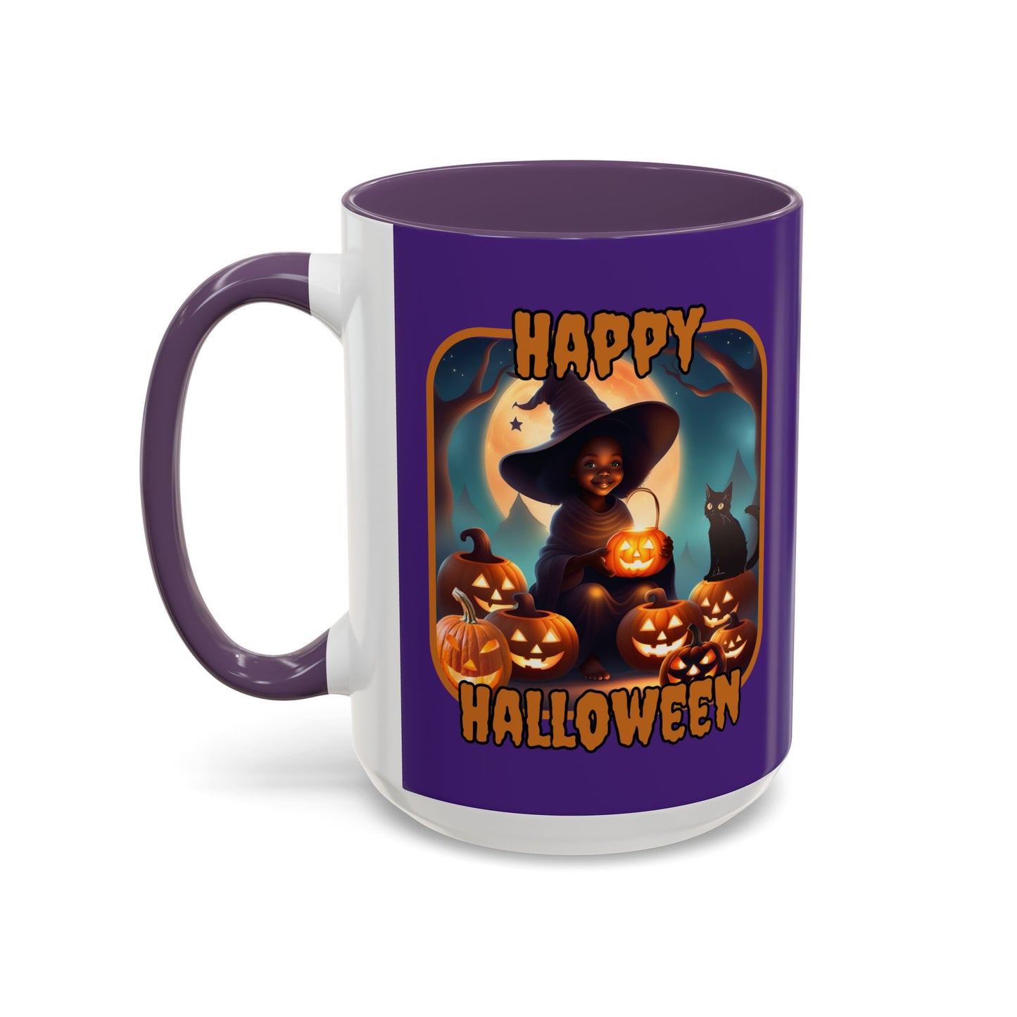 Happy Halloween Cute Witch Orange font Purple Accent Mug by CreepyCrafts.boo