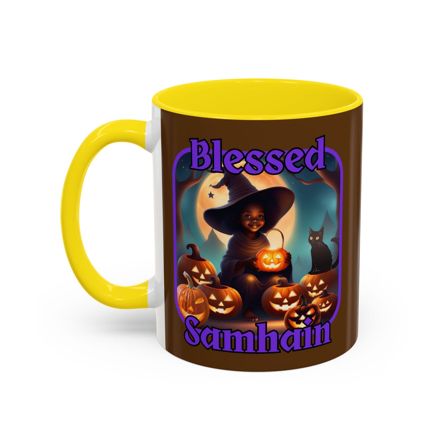 Blessed Samhain Cute Witch Purple font Brown Accent Mug by CreepyCrafts.boo