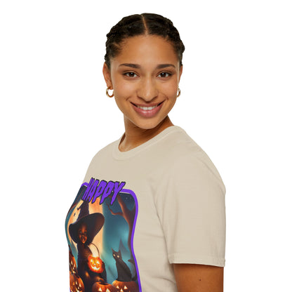 Happy Halloween Cute Witch Purple font Light colors Unisex T-Shirt by CreepyCrafts.boo