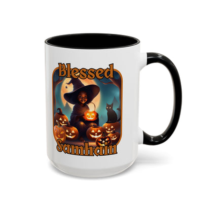 Blessed Samhain Cute Witch Orange font White Accent Mug by CreepyCrafts.boo