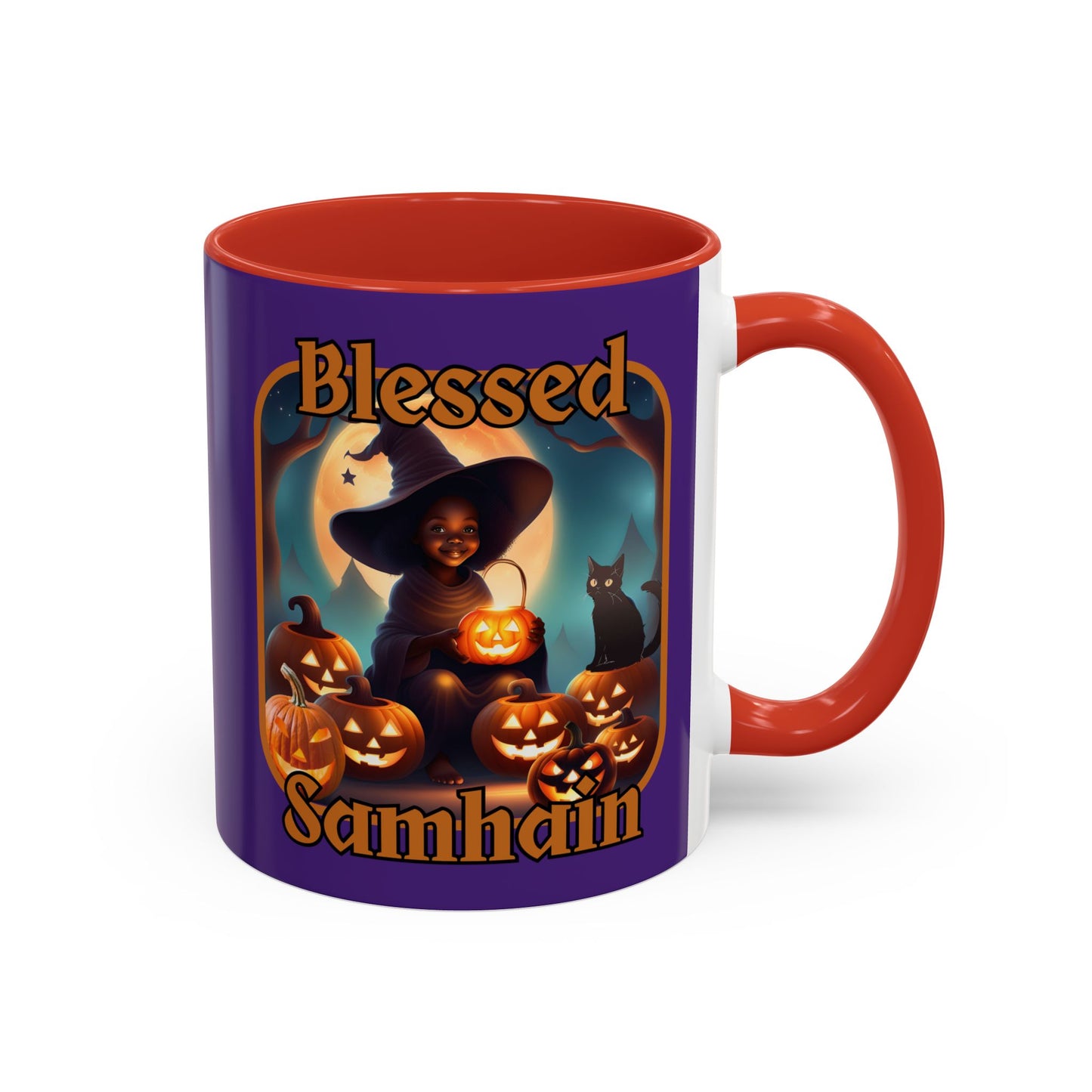 Blessed Samhain Cute Witch Orange font Purple Accent Mug by CreepyCrafts.boo