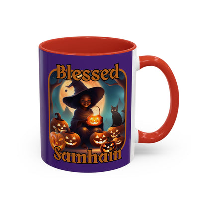 Blessed Samhain Cute Witch Orange font Purple Accent Mug by CreepyCrafts.boo