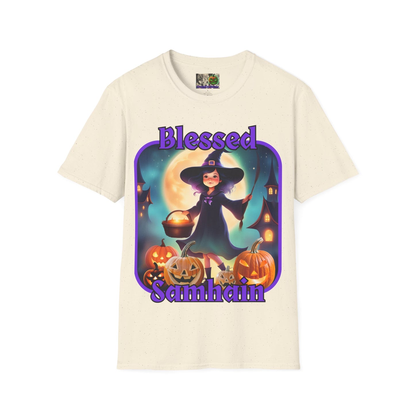 Blessed Samhain Little Witch Purple font Light colors Unisex T-Shirt by CreepyCrafts.boo