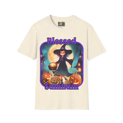 Blessed Samhain Little Witch Purple font Light colors Unisex T-Shirt by CreepyCrafts.boo