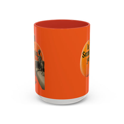 Is It Samhain Yet? Skeleton's Giant Pumpkin Orange Accent Mug by CreepyCrafts.boo