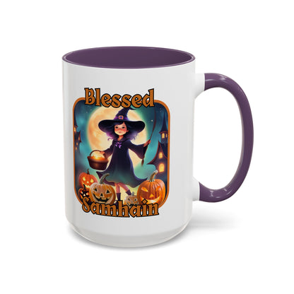 Blessed Samhain Little Witch Orange font White Accent Mug by CreepyCrafts.boo