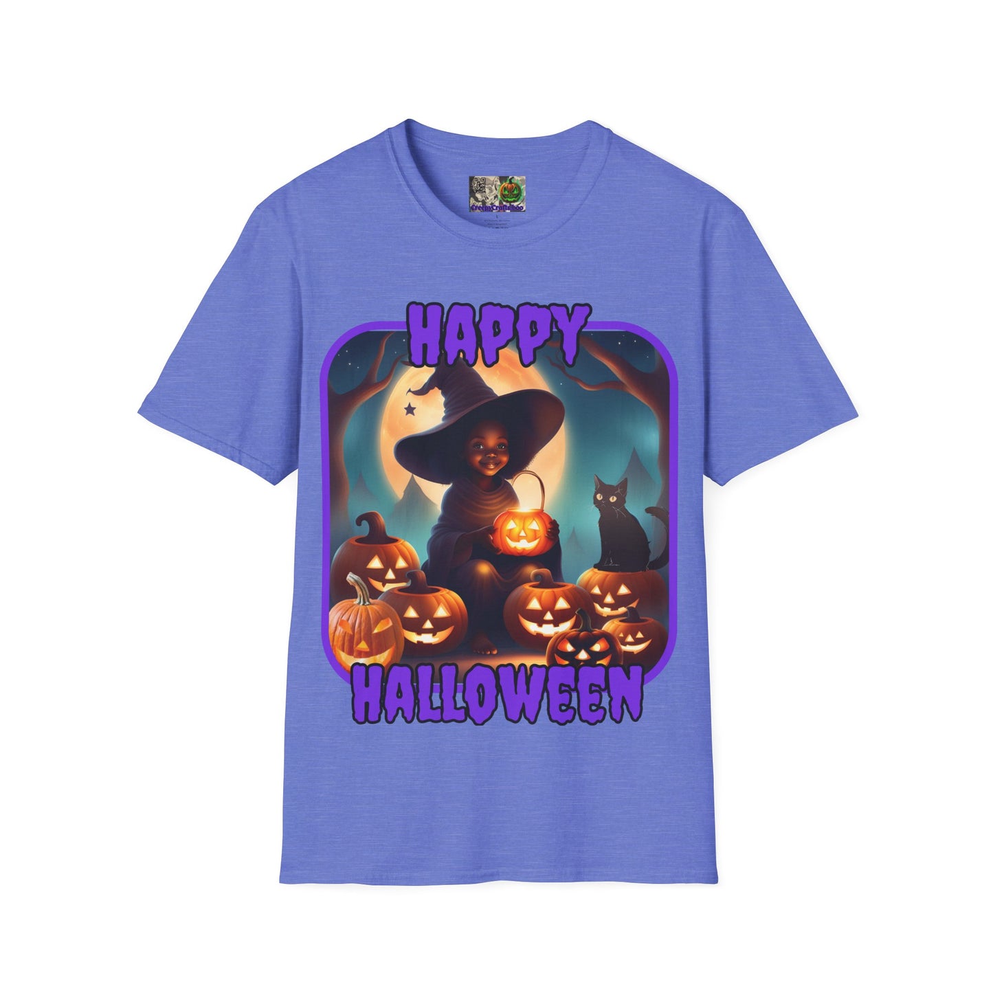 Happy Halloween Cute Witch Purple font Light colors Unisex T-Shirt by CreepyCrafts.boo