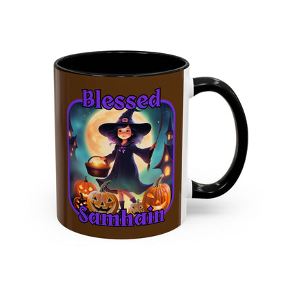 Blessed Samhain Little Witch Purple font Brown Accent Mug by CreepyCrafts.boo