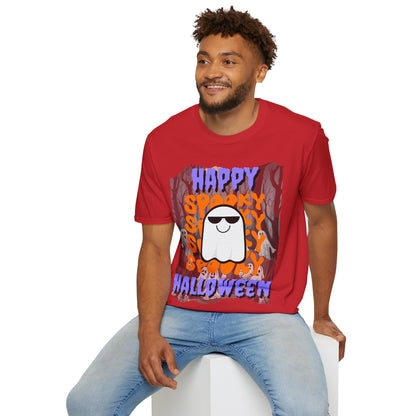 Spooky Happy Halloween Ghost Light colors Purple font Unisex T-Shirt by CreepyCrafts.boo
