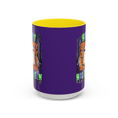 Spooky Happy Halloween Ghost Mixed font Purple Accent Mug by CreepyCrafts.boo