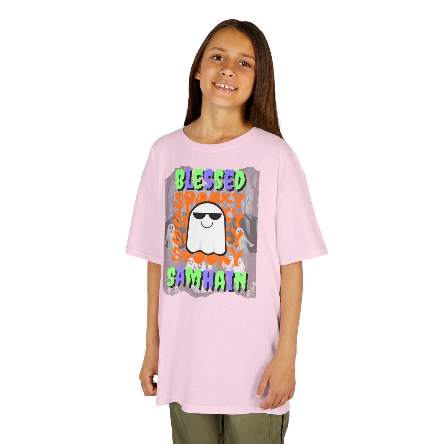 Spooky Blessed Samhain Ghost Mixed font Kids Heavy Cotton™ Tee by CreepyCrafts.boo