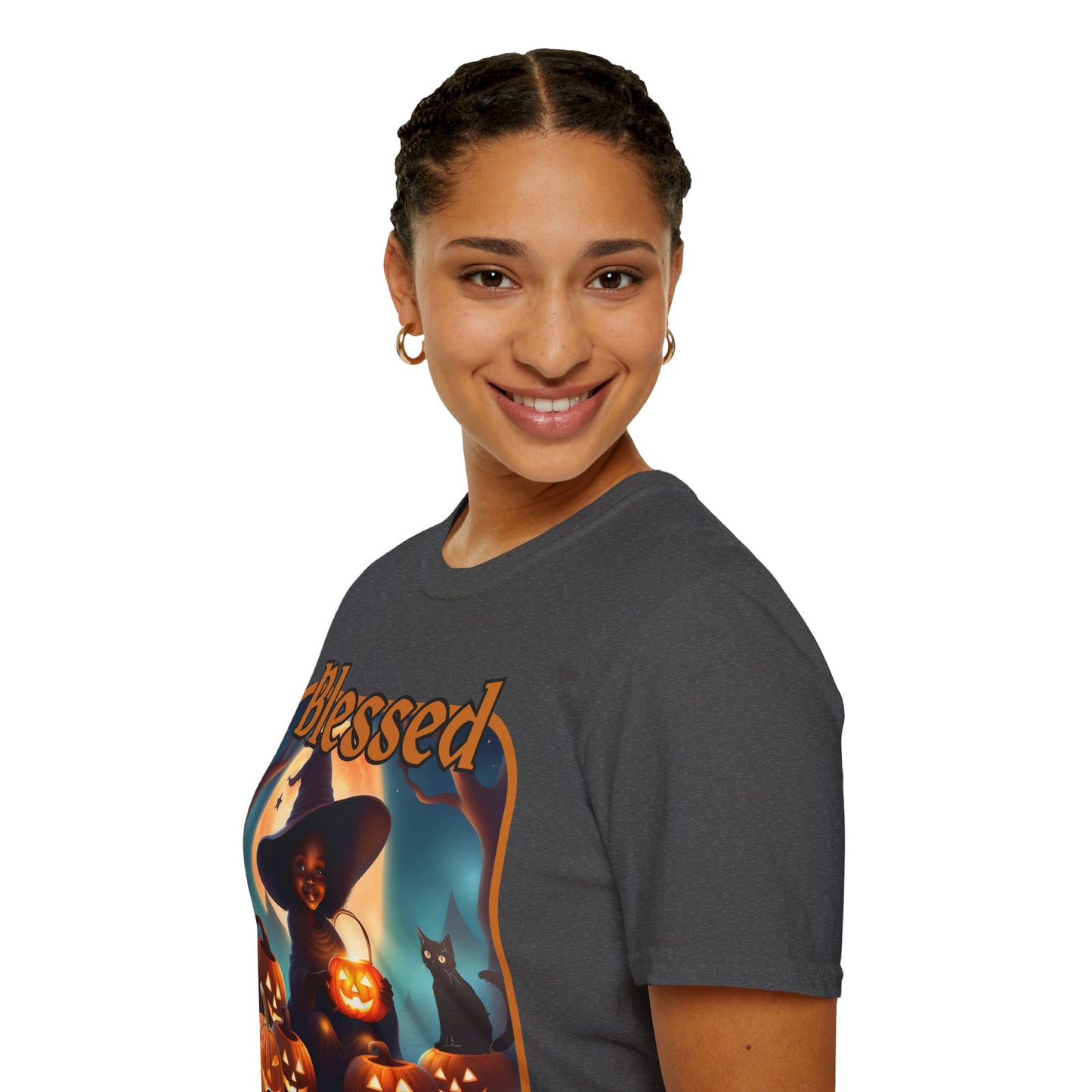 Blessed Samhain Cute Witch Orange font Dark colors Unisex T-Shirt by CreepyCrafts.boo