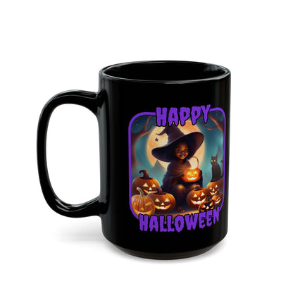 Happy Halloween Cute Witch Purple font Black Mug by CreepyCrafts.boo