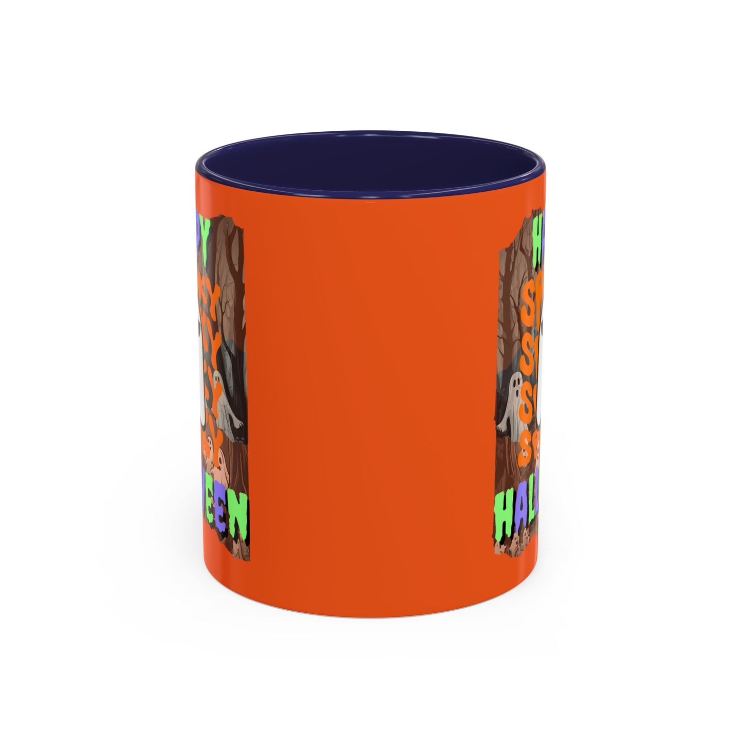 Spooky Happy Halloween Ghost Mixed font Orange Accent Mug by CreepyCrafts.boo