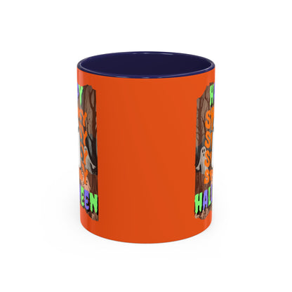Spooky Happy Halloween Ghost Mixed font Orange Accent Mug by CreepyCrafts.boo