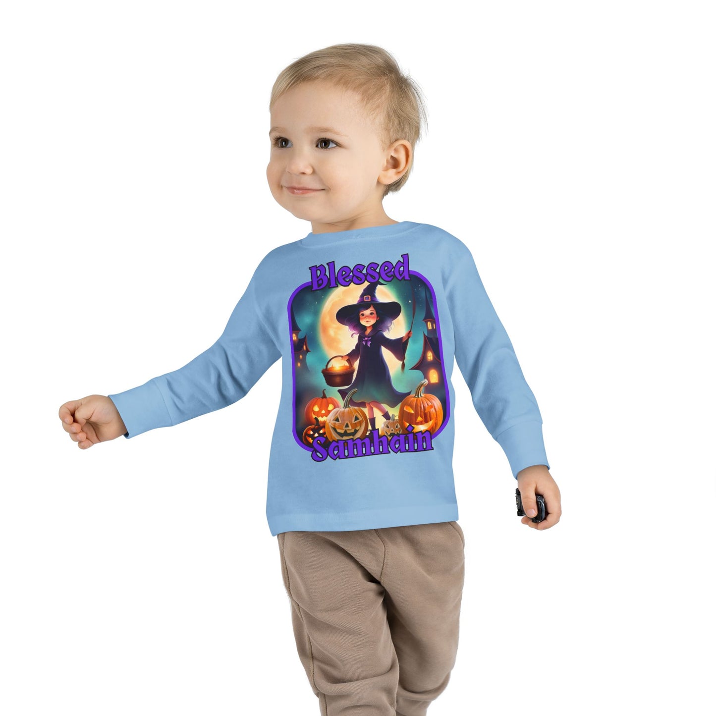 Blessed Samhain Little Witch Purple font Toddler Long Sleeve Tee by CreepyCrafts.boo