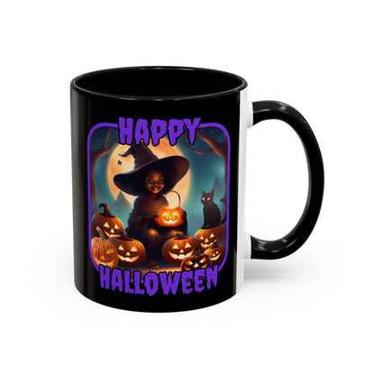 Happy Halloween Cute Witch Purple font Black Accent Mug by CreepyCrafts.boo