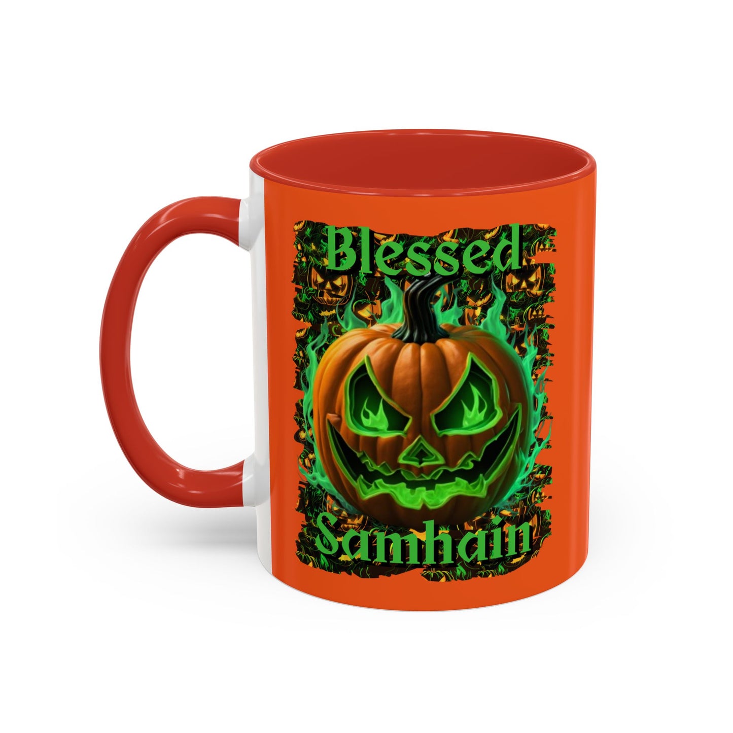 Blessed Samhain Green Jack Orange Accent Mug by CreepyCrafts.boo
