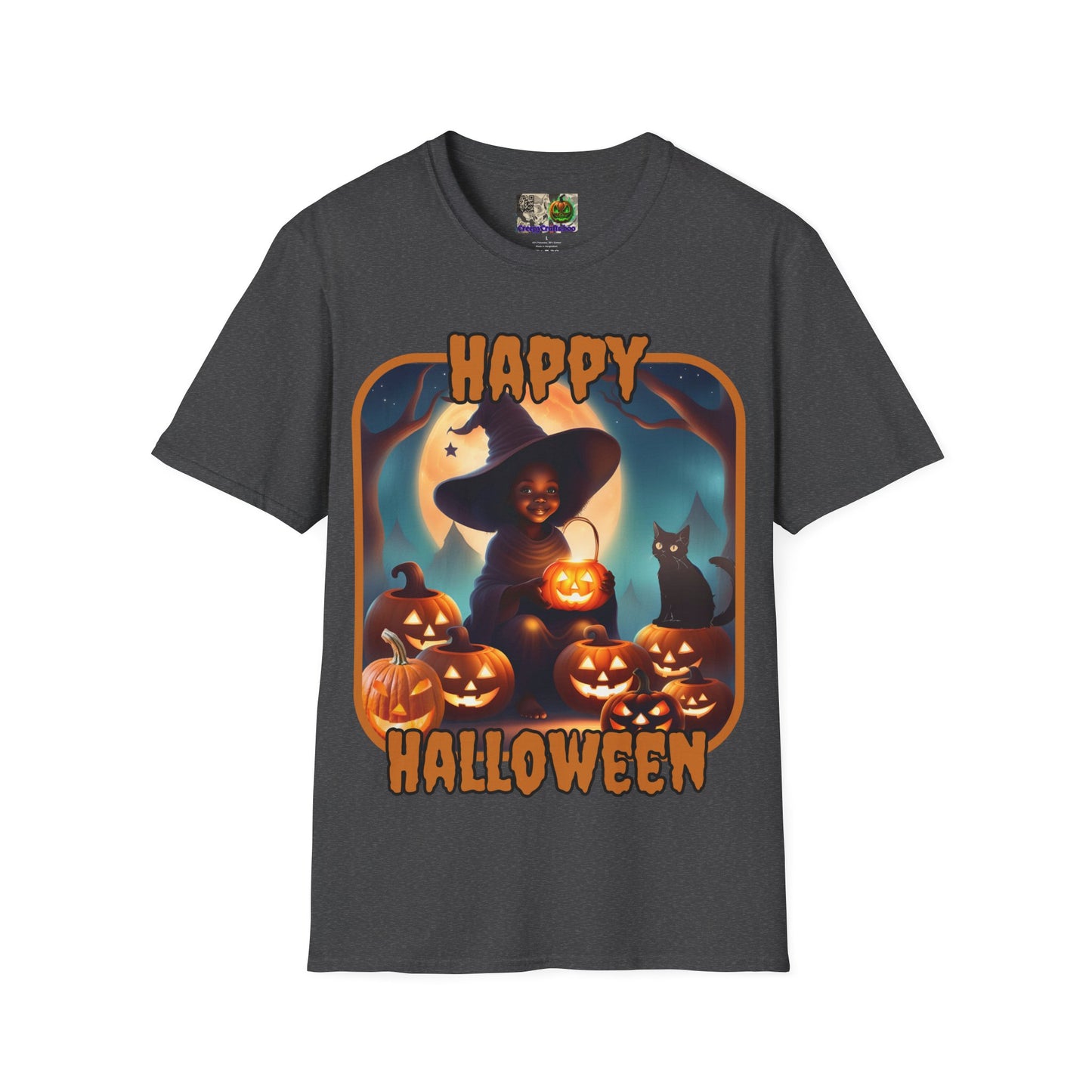 Happy Halloween Cute Witch Orange font, Dark colors, Unisex T-Shirt by CreepyCrafts.boo