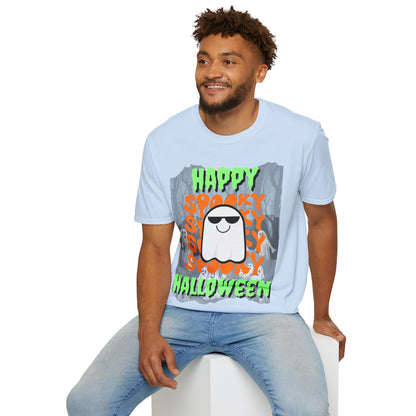Spooky Happy Halloween Ghost Light colors Green font Unisex T-Shirt by CreepyCrafts.boo
