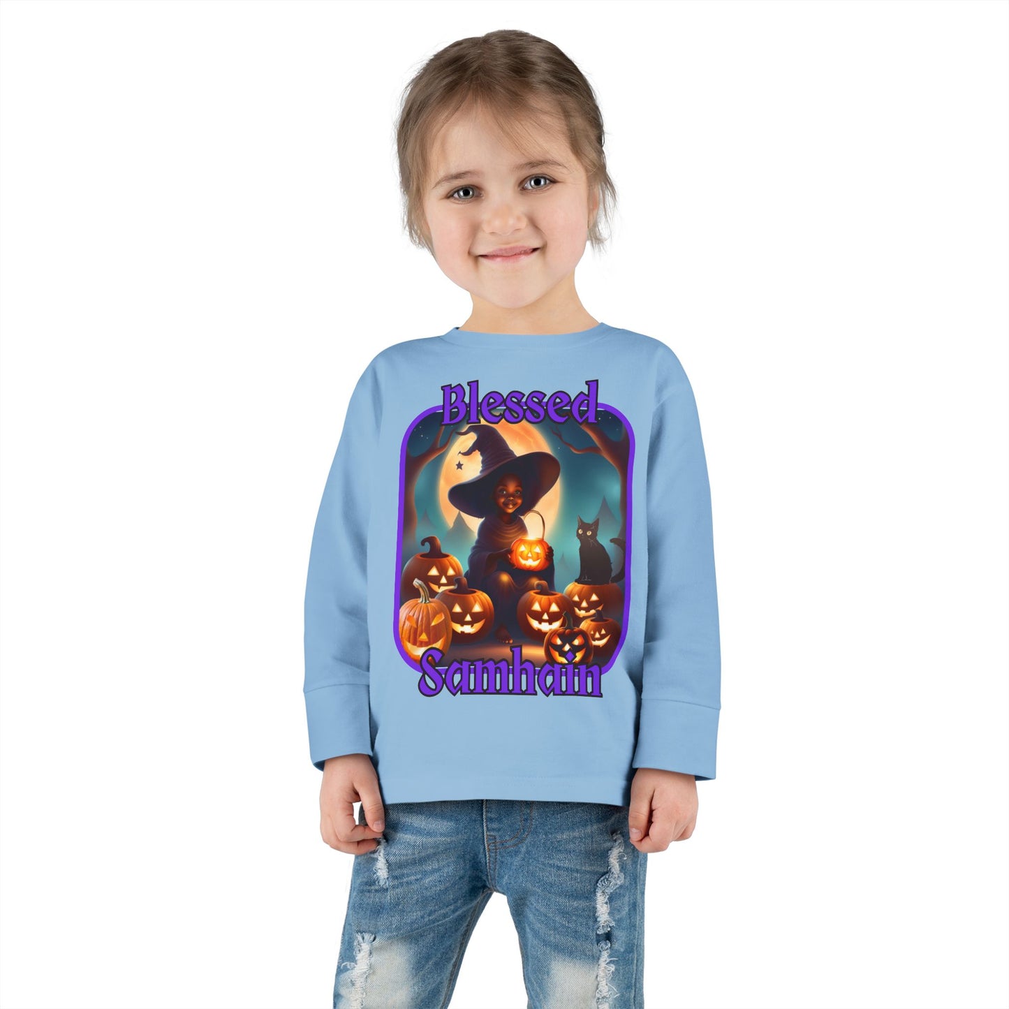 Blessed Samhain Cute Witch Purple font Toddler Long Sleeve Tee by CreepyCrafts.boo