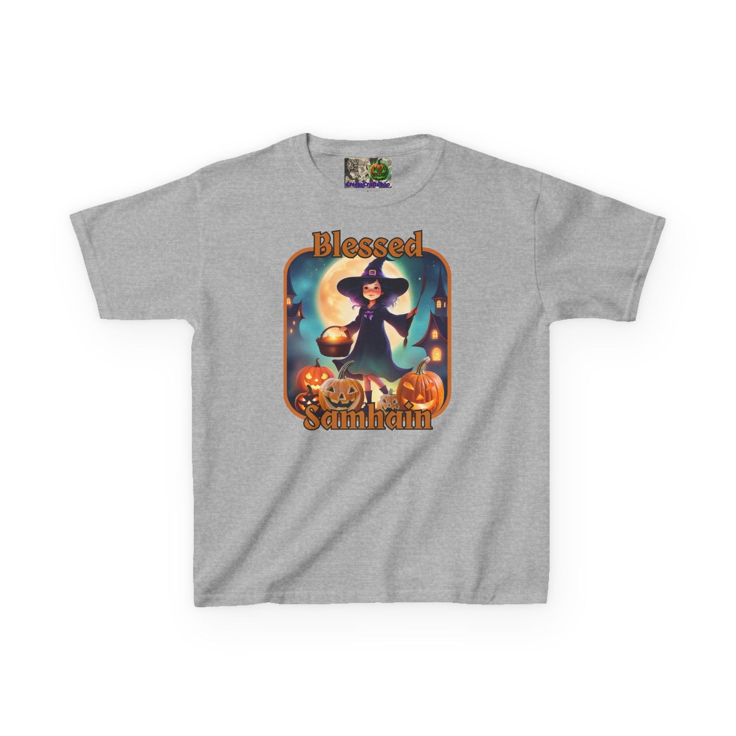 Blessed Samhain Little Witch Orange font Kids Heavy Cotton™ Tee by CreepyCrafts.boo