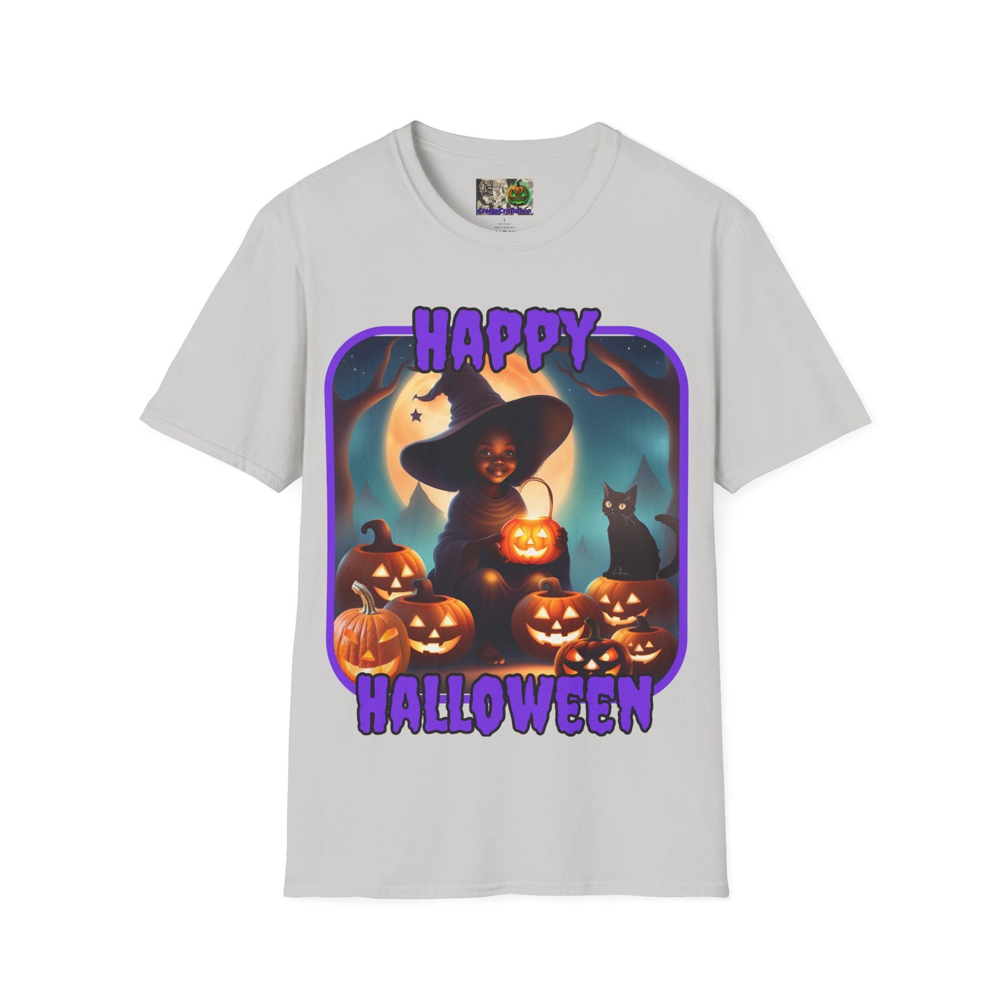 Happy Halloween Cute Witch Purple font Light colors Unisex T-Shirt by CreepyCrafts.boo