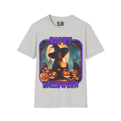 Happy Halloween Cute Witch Purple font Light colors Unisex T-Shirt by CreepyCrafts.boo