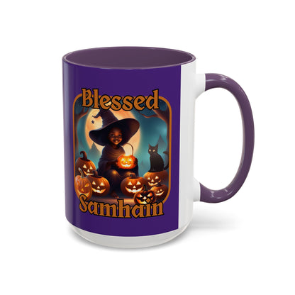 Blessed Samhain Cute Witch Orange font Purple Accent Mug by CreepyCrafts.boo
