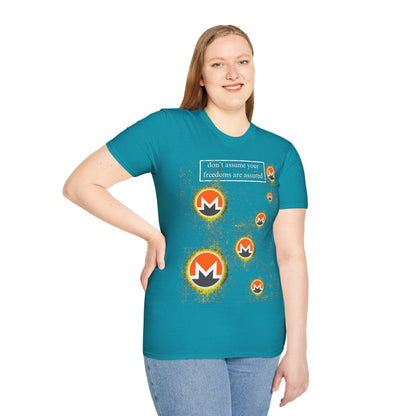 Monero (XMR) don't assume your freedoms are assured Dark colors Unisex T-Shirt by cypherpunkgear.com
