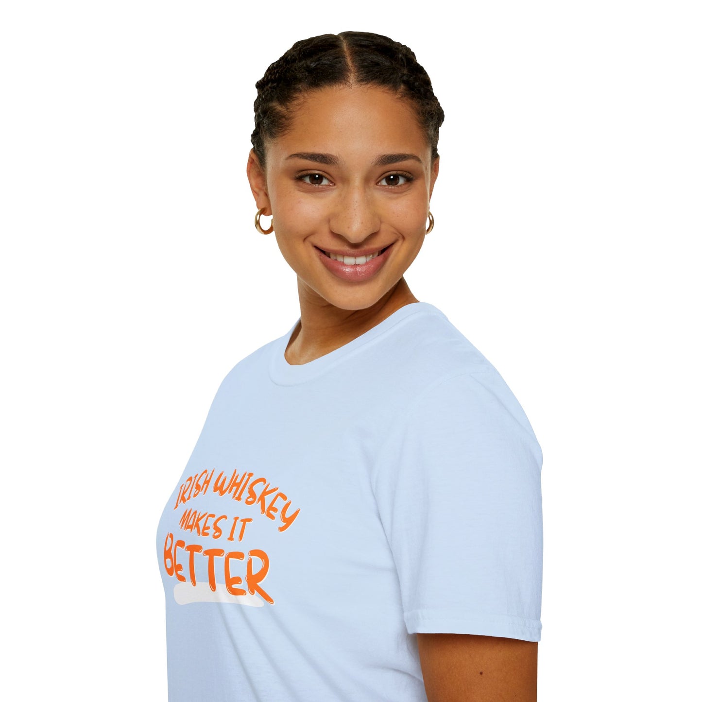Irish Whiskey makes it better Orange font Light colors Unisex T-Shirt by cypherpunkgear.com