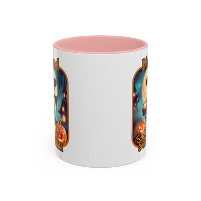 Blessed Samhain Little Witch Orange font White Accent Mug by CreepyCrafts.boo