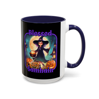 Blessed Samhain Little Witch Purple font Black Accent Mug by CreepyCrafts.boo