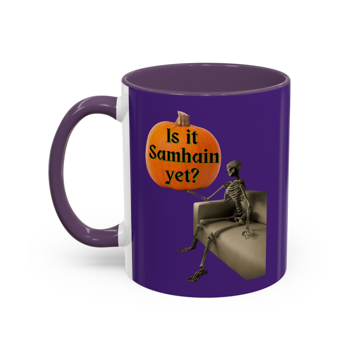 Is it Samhain yet? Skeleton's Pumpkin Purple Accent Mug by CreepyCrafts.boo