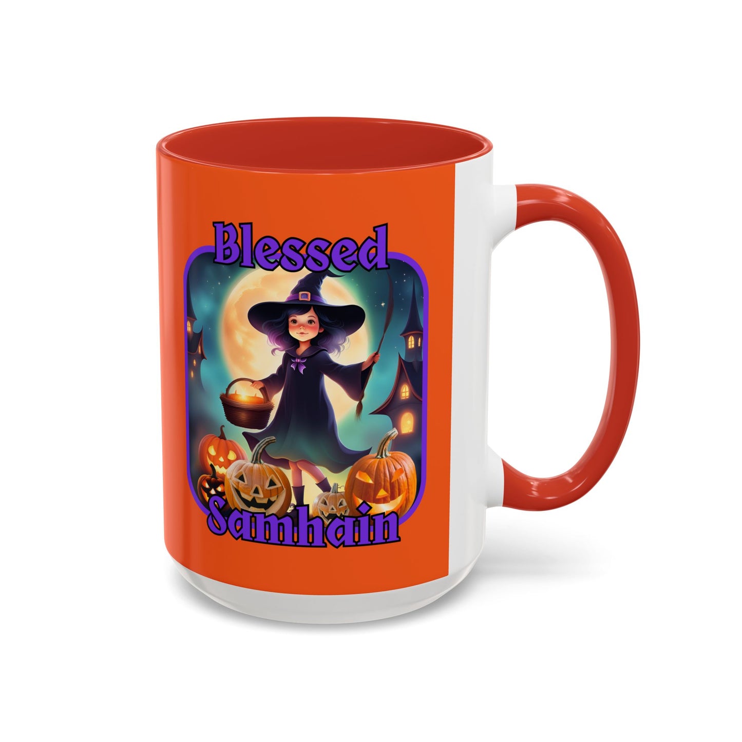 Blessed Samhain Little Witch Purple font Orange Accent Mug by CreepyCrafts.boo