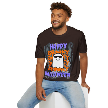 Spooky Happy Halloween Ghost Dark colors Purple font Unisex T-Shirt by CreepyCrafts.boo