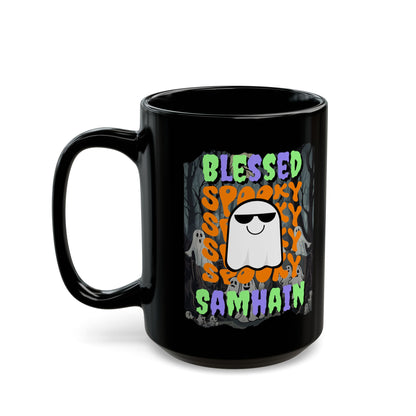Spooky Blessed Samhain Ghost Mixed font Black Mug by CreepyCrafts.boo
