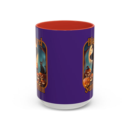 Blessed Samhain Cute Witch Orange font Purple Accent Mug by CreepyCrafts.boo