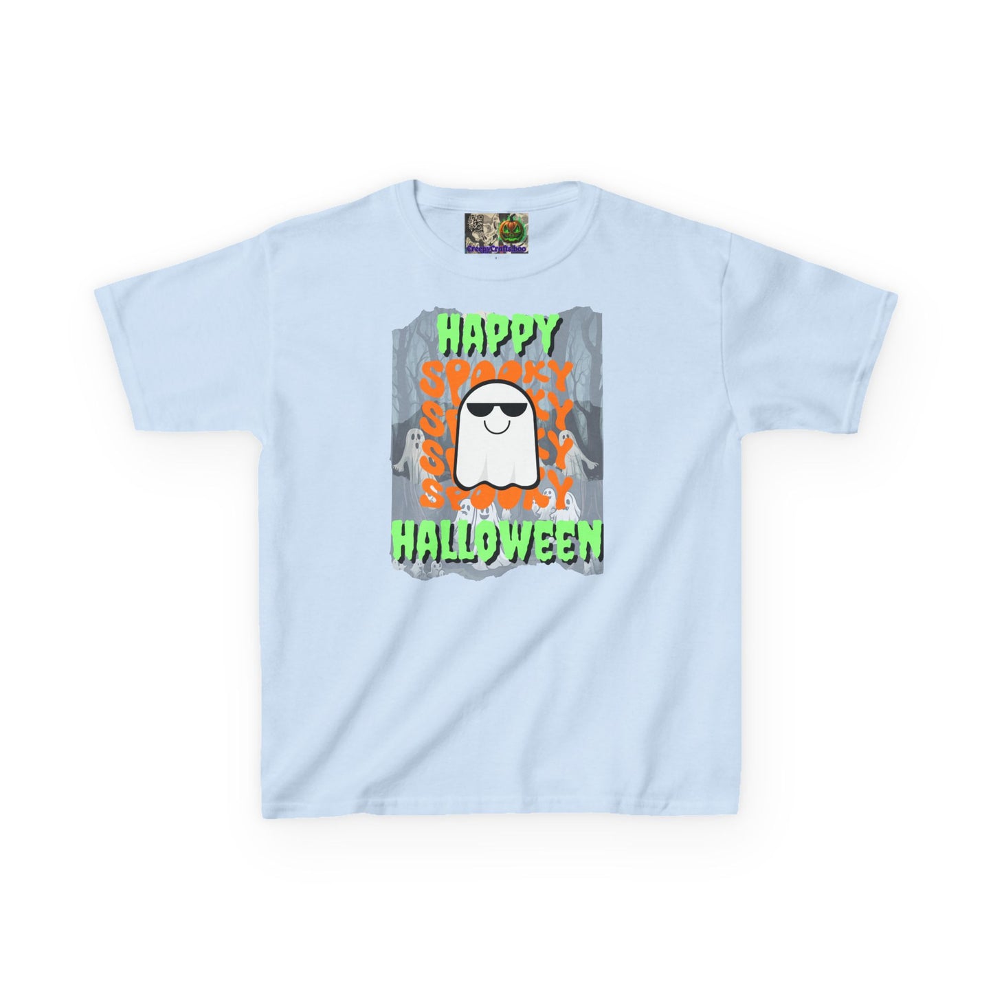 Spooky Happy Halloween Ghost Green font Kids Heavy Cotton™ Tee by CreepyCrafts.boo