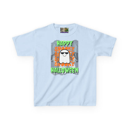 Spooky Happy Halloween Ghost Green font Kids Heavy Cotton™ Tee by CreepyCrafts.boo