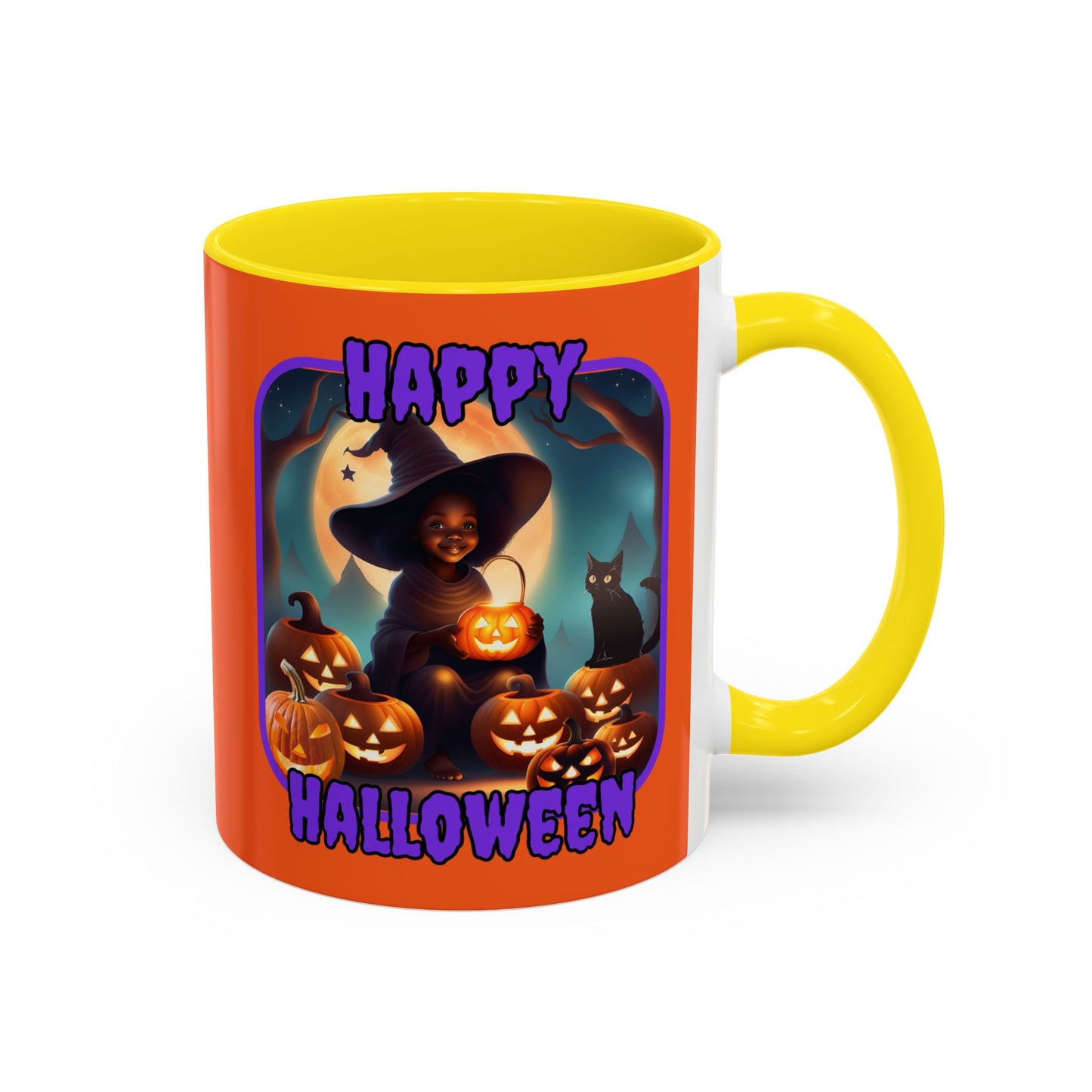 Happy Halloween Cute Witch Purple font Orange Accent Mug by CreepyCrafts.boo