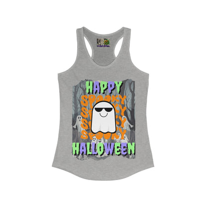 Spooky Happy Halloween Ghost Mixed font Women's Racerback Tank Top by CreepyCrafts.boo